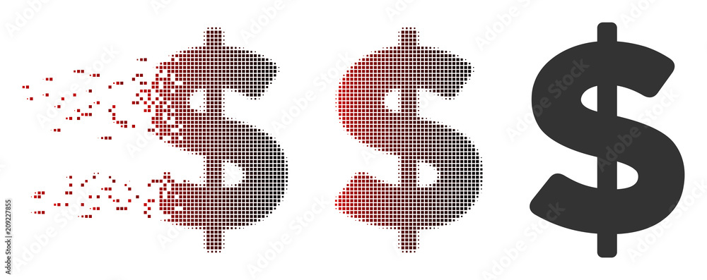 Poster vector american dollar icon in fractured, pixelated halftone and undamaged solid versions. disintegr