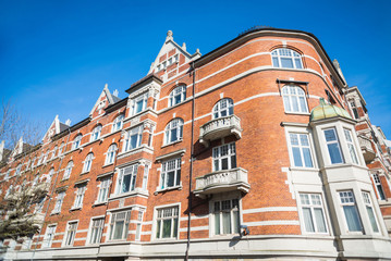 low angle view of building against blue cloudless sky in Copenhagen, Denmark