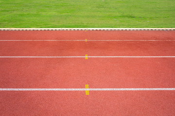 White lines of stadium and texture of running racetrack red rubber racetracks in outdoor stadium are 8 track and green grass field,empty athletics stadium with track.