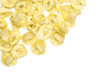 Raw tortellini pasta flatlay isolated on white background Italian traditional dumpling.