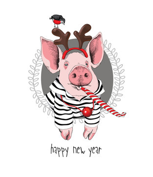 Christmas card. Portrait of the pink Pig in a striped cardigan, Santa's deer mask and with a red funny party whistle blowing on a gray background. Vector illustration.