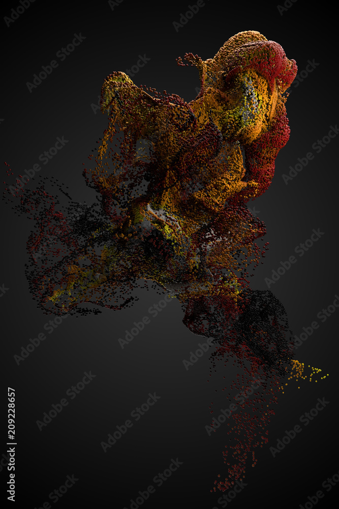 Poster 3d render background with a lot of particles. dynamic form made of random colored spheres.