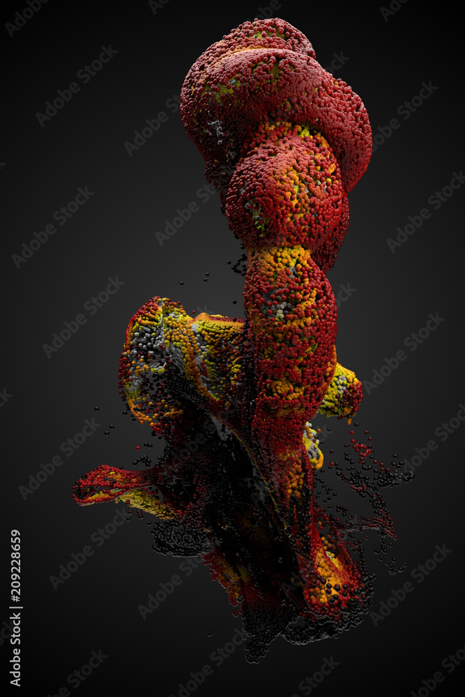 Poster 3d render background with a lot of particles. dynamic form made of random colored spheres.