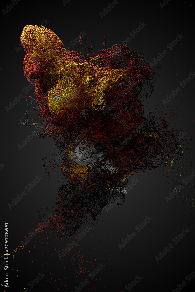 Poster 3d render background with a lot of particles. dynamic form made of random colored spheres.