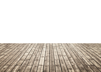 Wooden old table or Wood floor texture isolated on white background. For your product placement or montage with focus to the table top in the foreground. Empty wood brown shelf. shelves