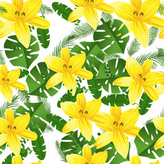 Seamless flower garder liliya pattern. Botany flora decoration. Vector drawing.