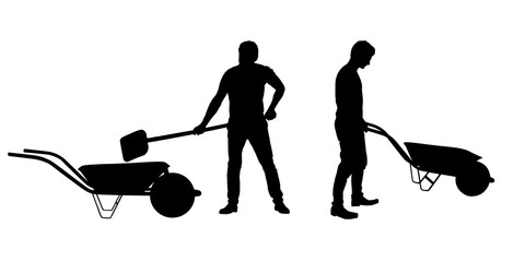 Set of realistic silhouettes of man with shovel and wheelbarrow