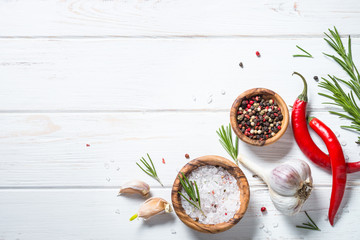 Food background on white wooden table.