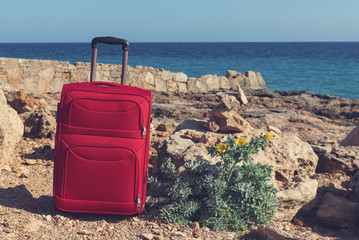 Red suitcase and yellow horned poppy on a rocky sea shore in Cap de Salines in Majorca