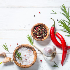 Food background on white wooden table.
