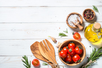 Food background on white wooden table.