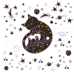 Cute cat with star pattern flying in space sleeping surrounded by stars, planets. asteroids. Simple sweet kids nursery illustration. Graphic design for apparel.