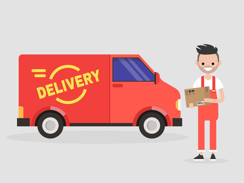 red delivery van and courier with package clip art preview