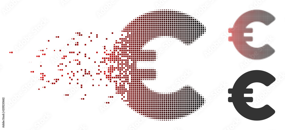 Poster vector euro icon in dispersed, dotted halftone and undamaged whole versions. disintegration effect u