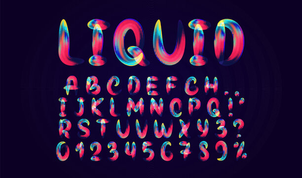 Fluid colored letter. Alphabet font of melting liquid. Design 3d sign isolated on black background.