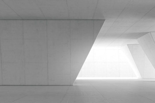 Abstract Empty Space With White Wall. Modern Blank Showroom With Floor. Future Concept. 3d Rendering.