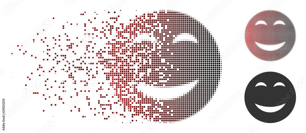 Poster vector happy smiley icon in dispersed, dotted halftone and undamaged solid variants. disappearing ef