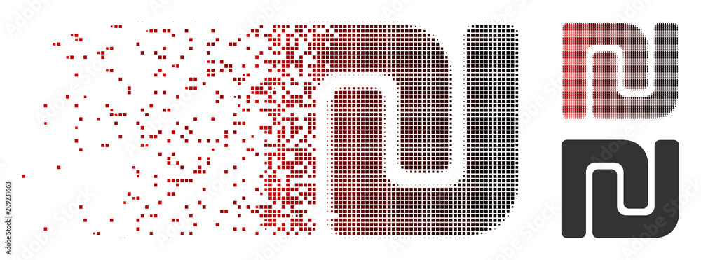 Poster vector israeli shekel icon in dissolved, dotted halftone and undamaged whole variants. disintegratio