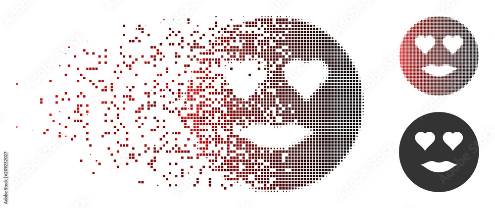 Poster vector lady love smiley icon in fractured, pixelated halftone and undamaged solid variants. disinteg