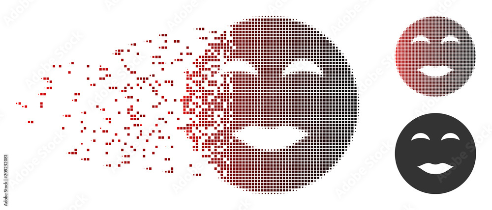 Poster vector lady pleasure smiley icon in dispersed, dotted halftone and undamaged solid variants. disappe