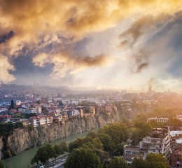 beautiful sunset cityscape of Tbilisi from Narikala fortress, Georgia