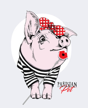 Pig in a striped cardigan, in a red polka dot headband and with a Lips Photo Booth. Vector illustration.