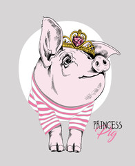 Pig in a pink striped cardigan and with a Princess Crown. Vector illustration.