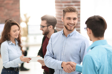 Group of business people who standing and discuss.