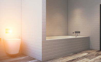Sunset. Spacious bathroom, clean, beautiful, luxurious, bright room. 3D rendering.