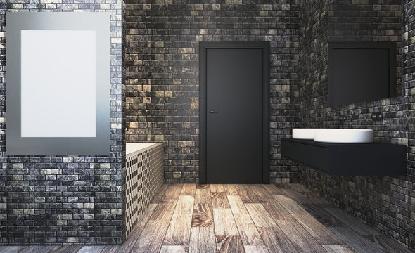 Blank paintings.  Mockup. Modern bathroom including bath and sink. 3D rendering.