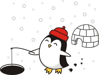 Cute  penguin fishing fish