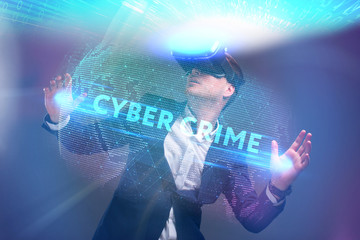 Business, Technology, Internet and network concept. Young businessman working in virtual reality...
