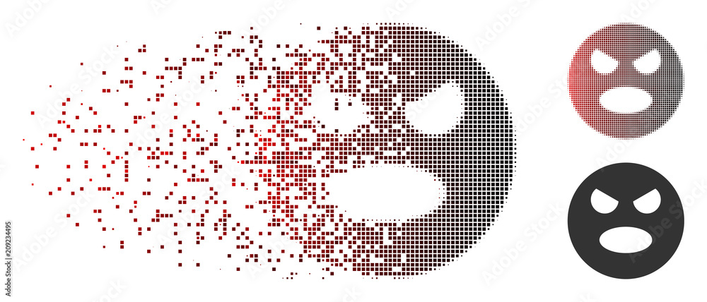 Poster vector scream smiley icon in dispersed, pixelated halftone and undamaged whole versions. disappearin