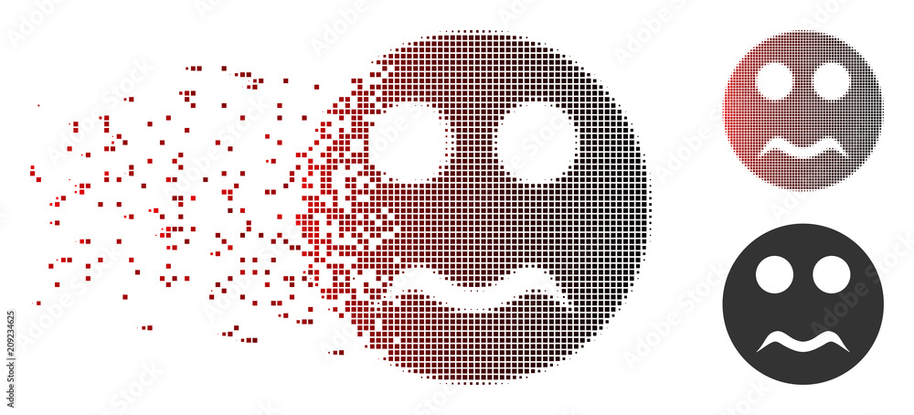 Poster vector serious smiley icon in dispersed, dotted halftone and undamaged solid versions. disappearing 