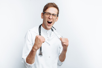 The doctor is pleased with the successful operation, the success of a young student, on a white background
