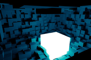 A glowing blue box in a black room, 3D rendering