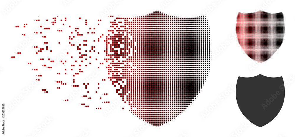Fototapete vector shield icon in fractured, pixelated halftone and undamaged entire versions. disappearing effe