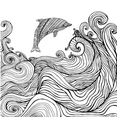 Dolphin And Ocean Waves Coloring Page For Children Adults
