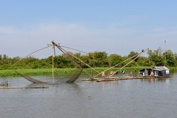 Fishnets in a tributary river to the Tonle Sap lake