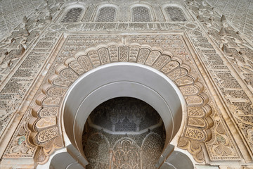 Detail of unusually ornamented Moroccan architecture in Marrakesh.