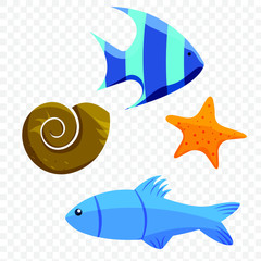 Illustration von Fischen, einem Seestern und einer Schnecke