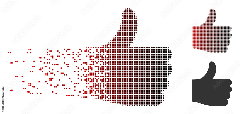 Poster vector thumb up icon in fractured, dotted halftone and undamaged whole variants. disintegration effe