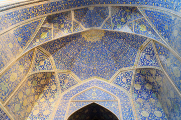 Decorated with colorful tiles of Shah Mosque or Imam Mosque in Isfahan. Iran