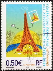 Fototapeta na wymiar Tower Eiffel of Paris on french postage stamp