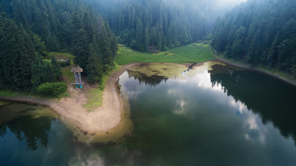 Aerial view on heart of Ukrainian part of Carpathians Mountains - the lake Synevyr.