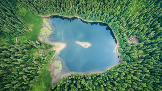 Aerial top view on heart of Ukrainian part of Carpathians Mountains - the lake Synevyr, similar approximately a dragon eye.