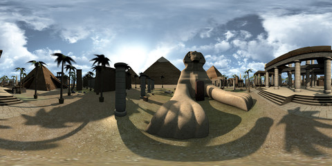 Spherical 360 degrees, seamless panorama of ancient Egypt archtecture Sphinx and pyramids. 3D rendering