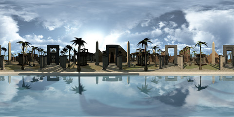 Spherical 360 degrees, seamless panorama of ancient Egypt archtecture on the edge of the Nile. 3D rendering