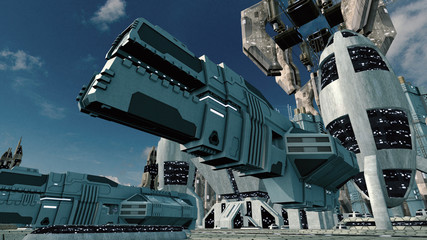 Futuristic scifi city with spaceship landing. 3D rendering