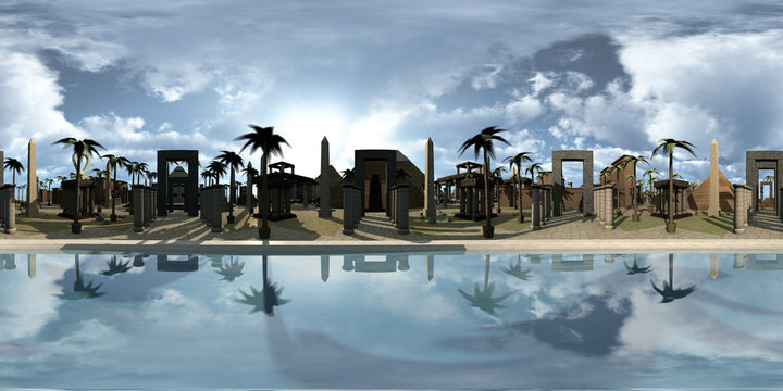 Spherical 360 degrees, seamless panorama of ancient Egypt archtecture on the edge of the Nile. 3D rendering